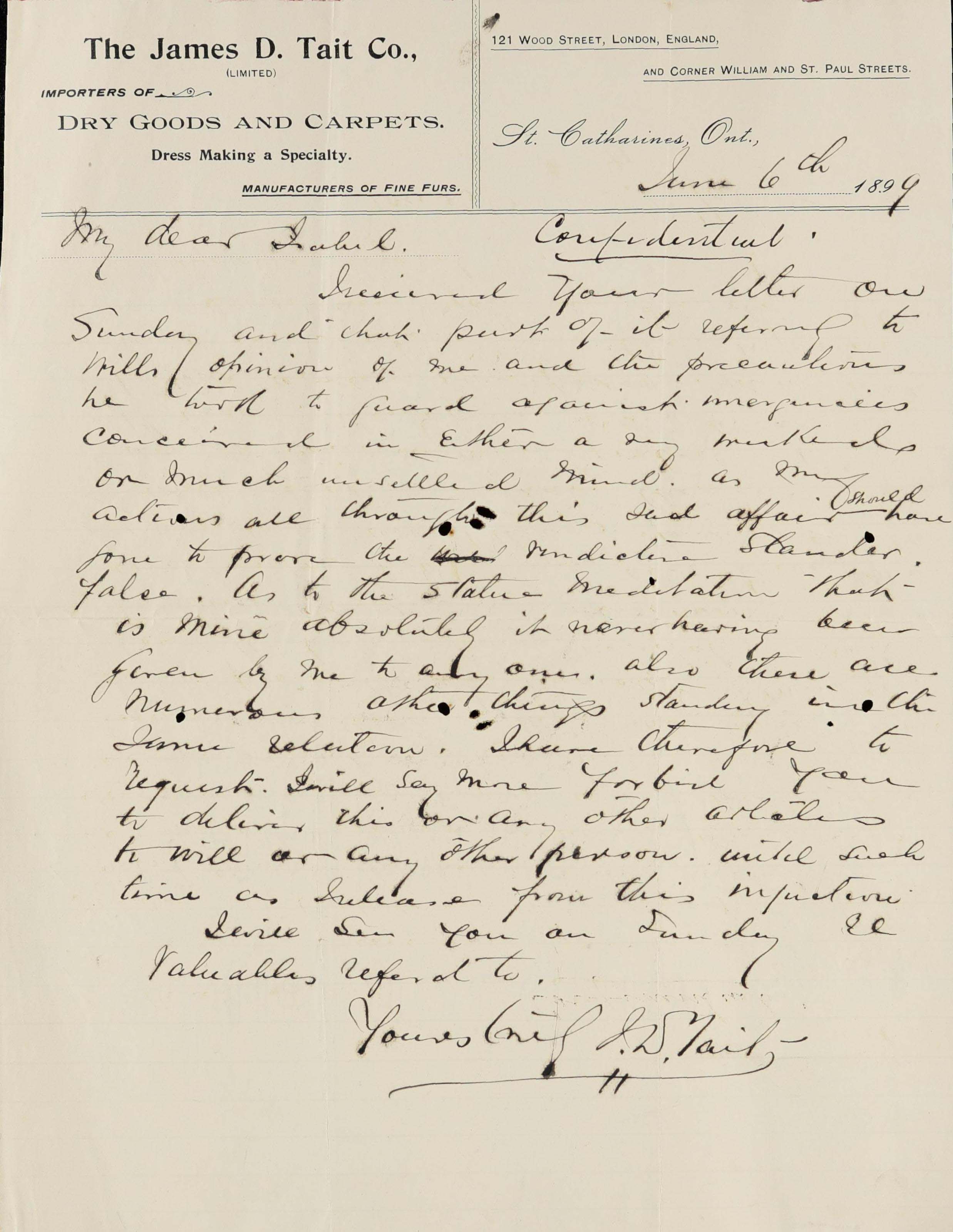 Letter to Isabel from J.D. Tait